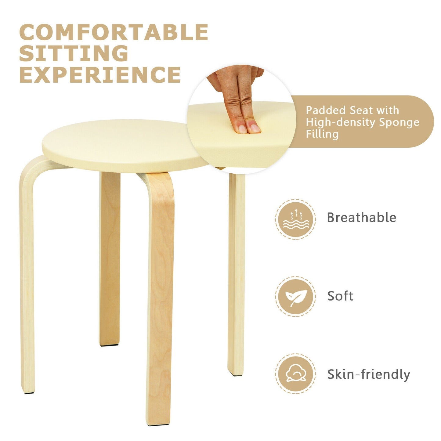 Set of 4 Bentwood Round Stool Stackable Dining Chairs with Padded Seat-Beige