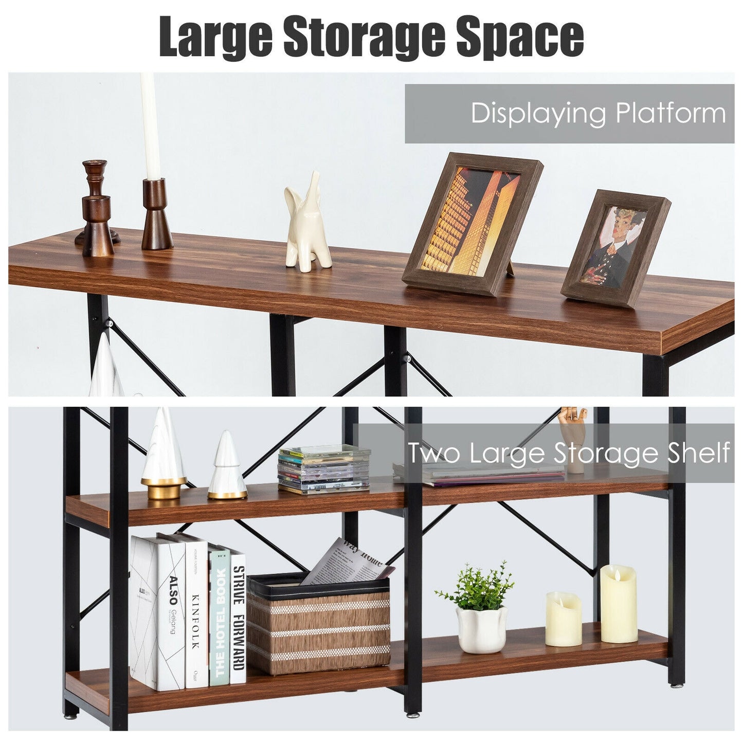 3 Tier 47 Inch Console Metal Frame Sofa Table-Rustic Brown