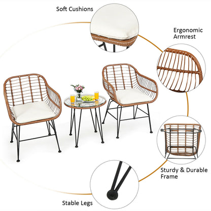 3-Piece Rattan Bistro Set with Cushions and Glass Table