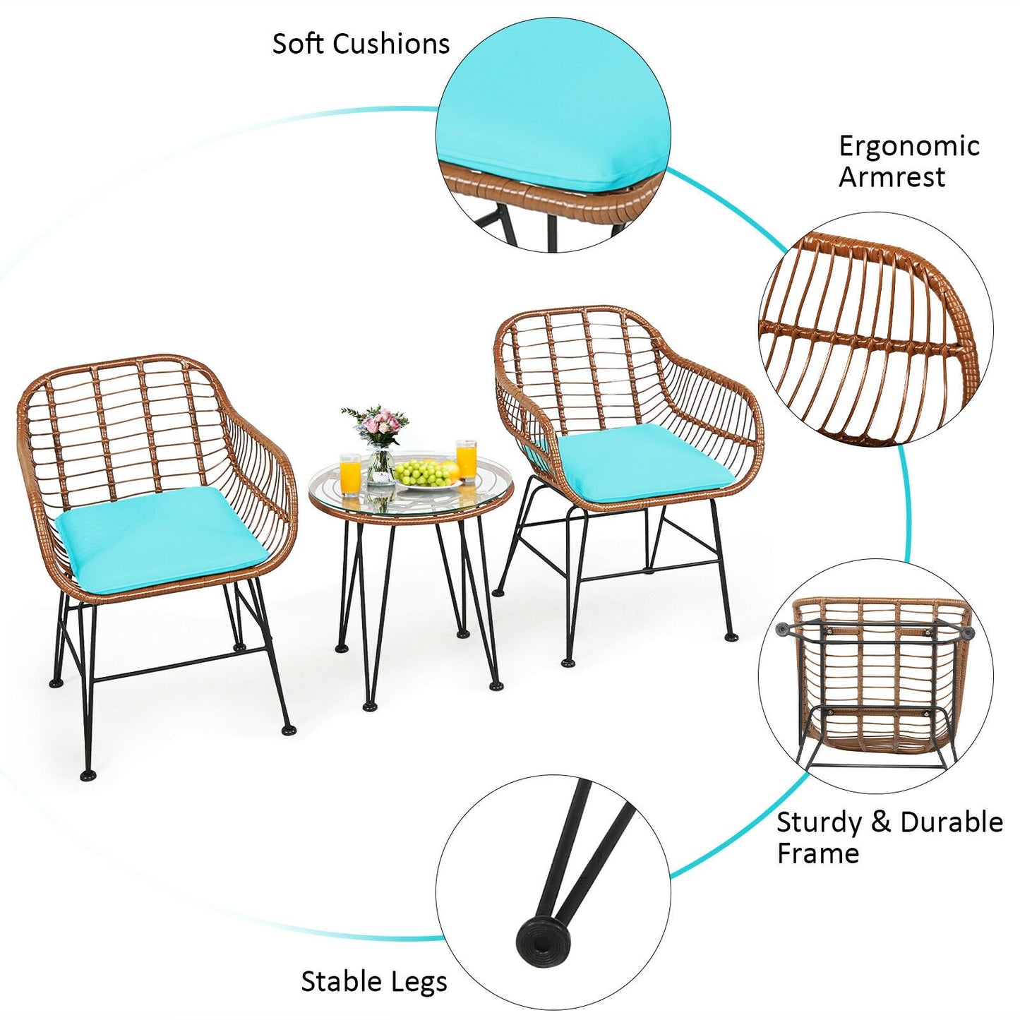 3-Piece Rattan Bistro Set with Cushions and Glass Table