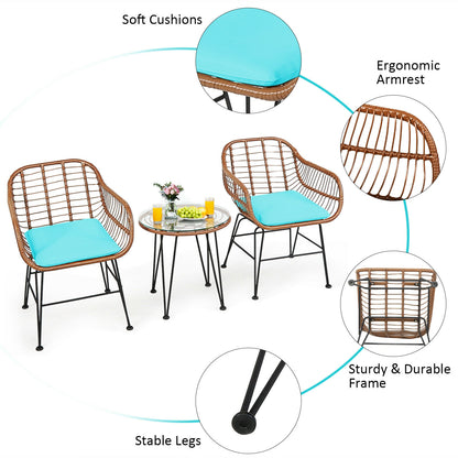 3-Piece Rattan Bistro Set with Cushions and Glass Table