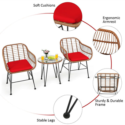 3-Piece Rattan Bistro Set with Cushions and Glass Table
