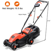 13 Inch Electric Push Lawn Corded Mower with Grass Bag-Red