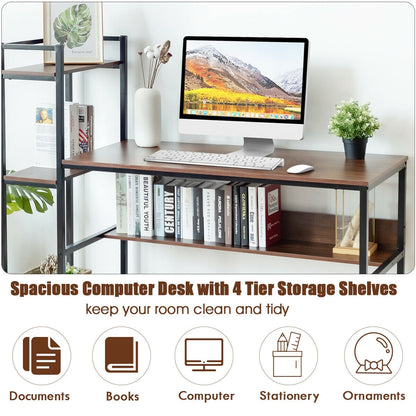 59-Inch Computer Desk Home Office Workstation 4-Tier Storage Shelves-Walnut