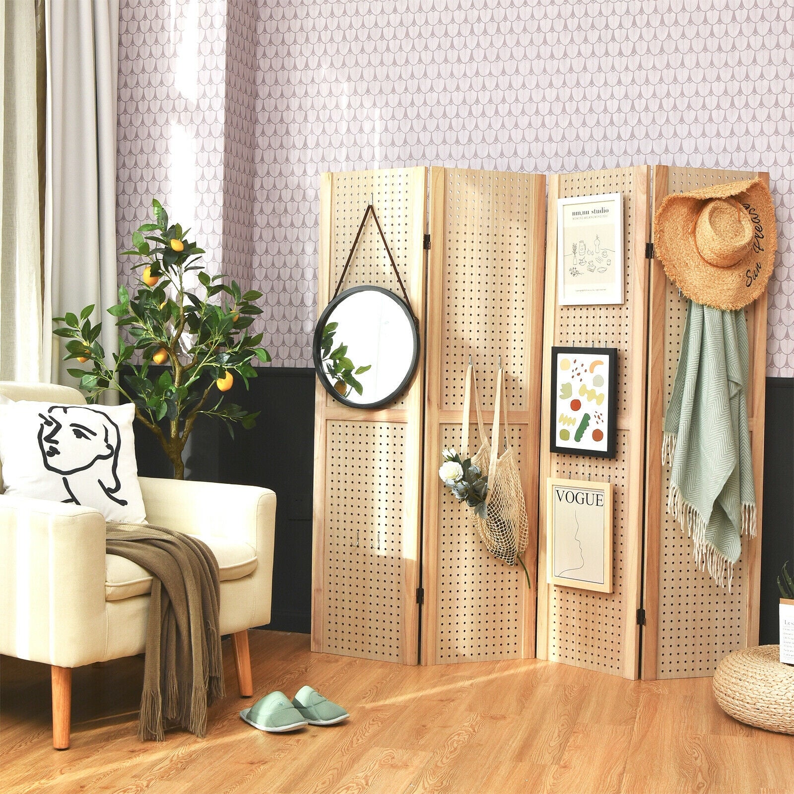 4-Panel Pegboard Display 5 Feet Tall Folding Privacy Screen for Craft Display Organized-Natural