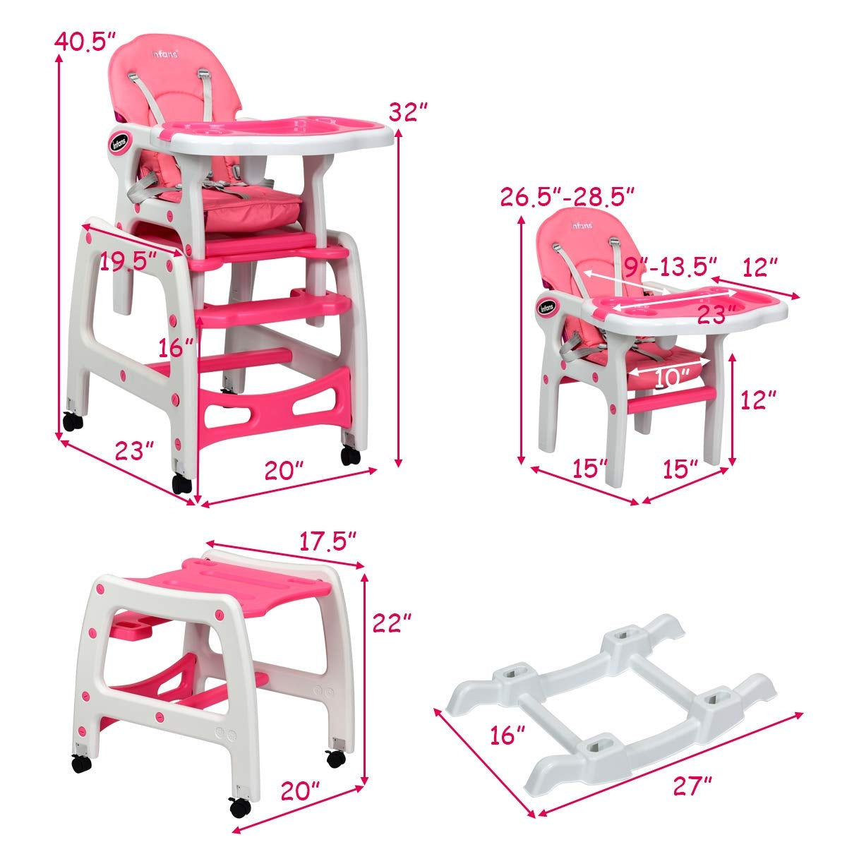 3-in-1 Baby High Chair with Lockable Universal Wheels-Pink - Pink
