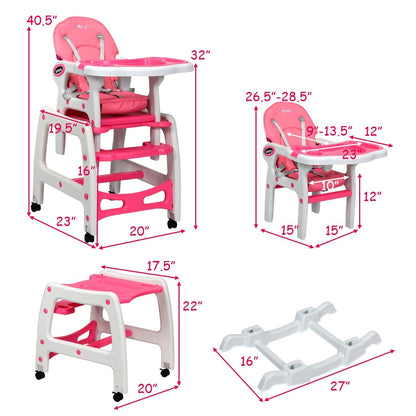 3-in-1 Baby High Chair with Lockable Universal Wheels-Pink - Pink