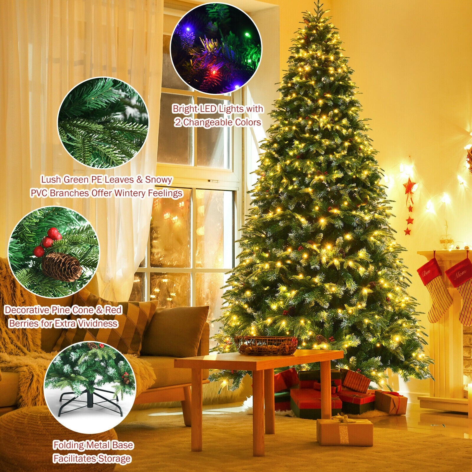 Pre-Lit Snowy Christmas Hinged Tree with Multi-Color Lights-9'