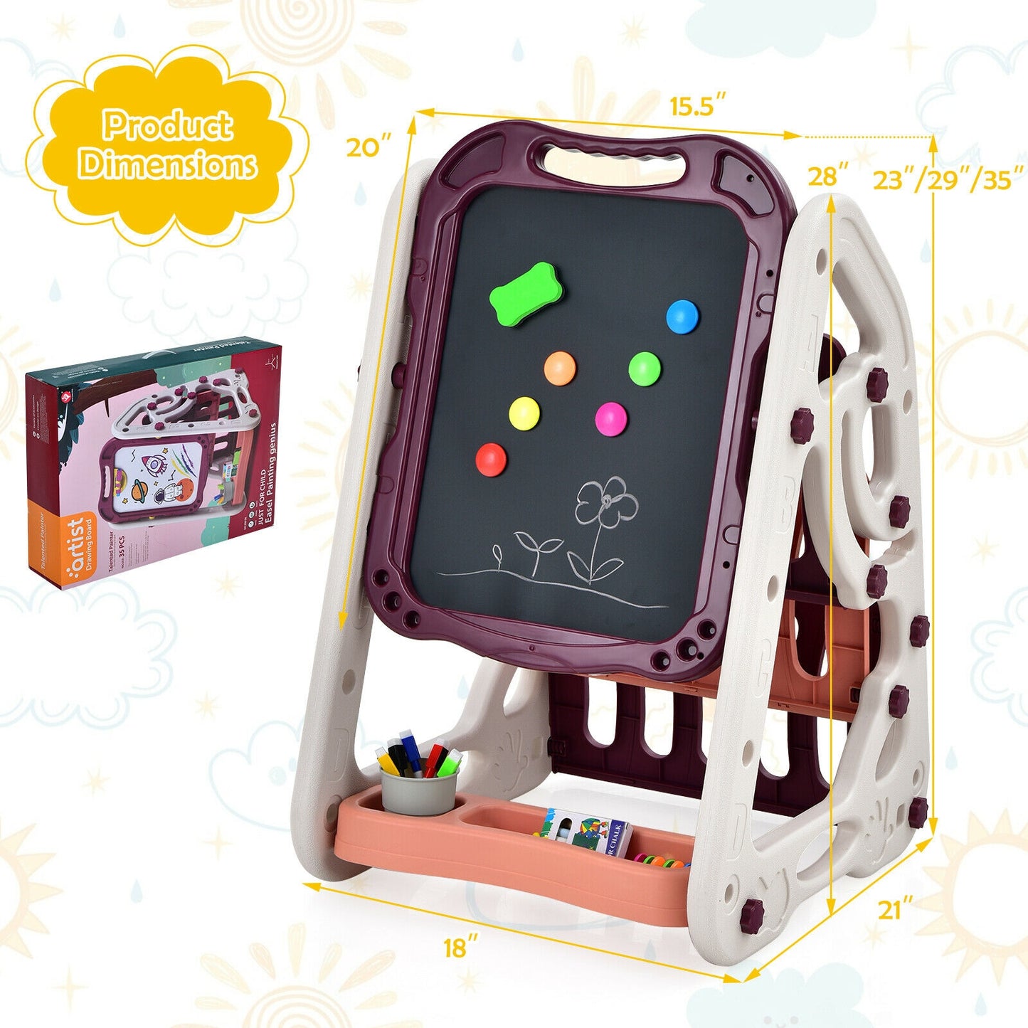 3-in-1 Kids Art Easel Double-Sided Tabletop Easel with Art Accessories-Red - Red