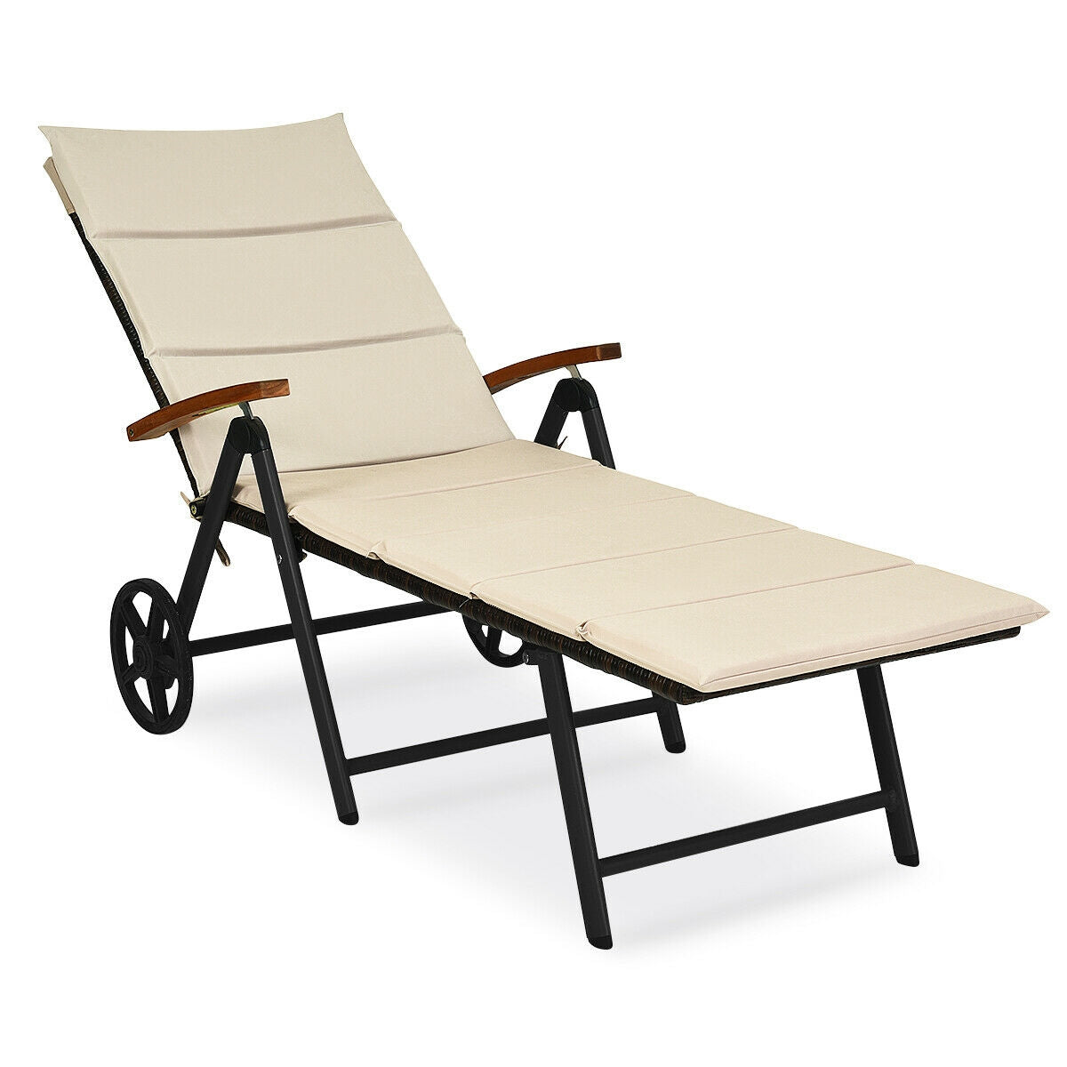 Outdoor Chaise Lounge Chair Rattan Lounger Recliner Chair-Beige - Beige