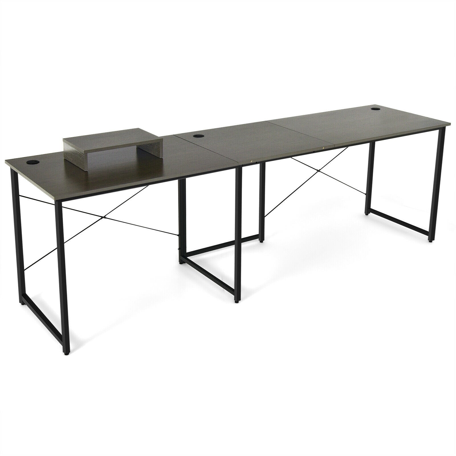 95 Inch 2-Person L-Shaped Long Reversible Computer Desk with Monitor Stand-Gray - Brown