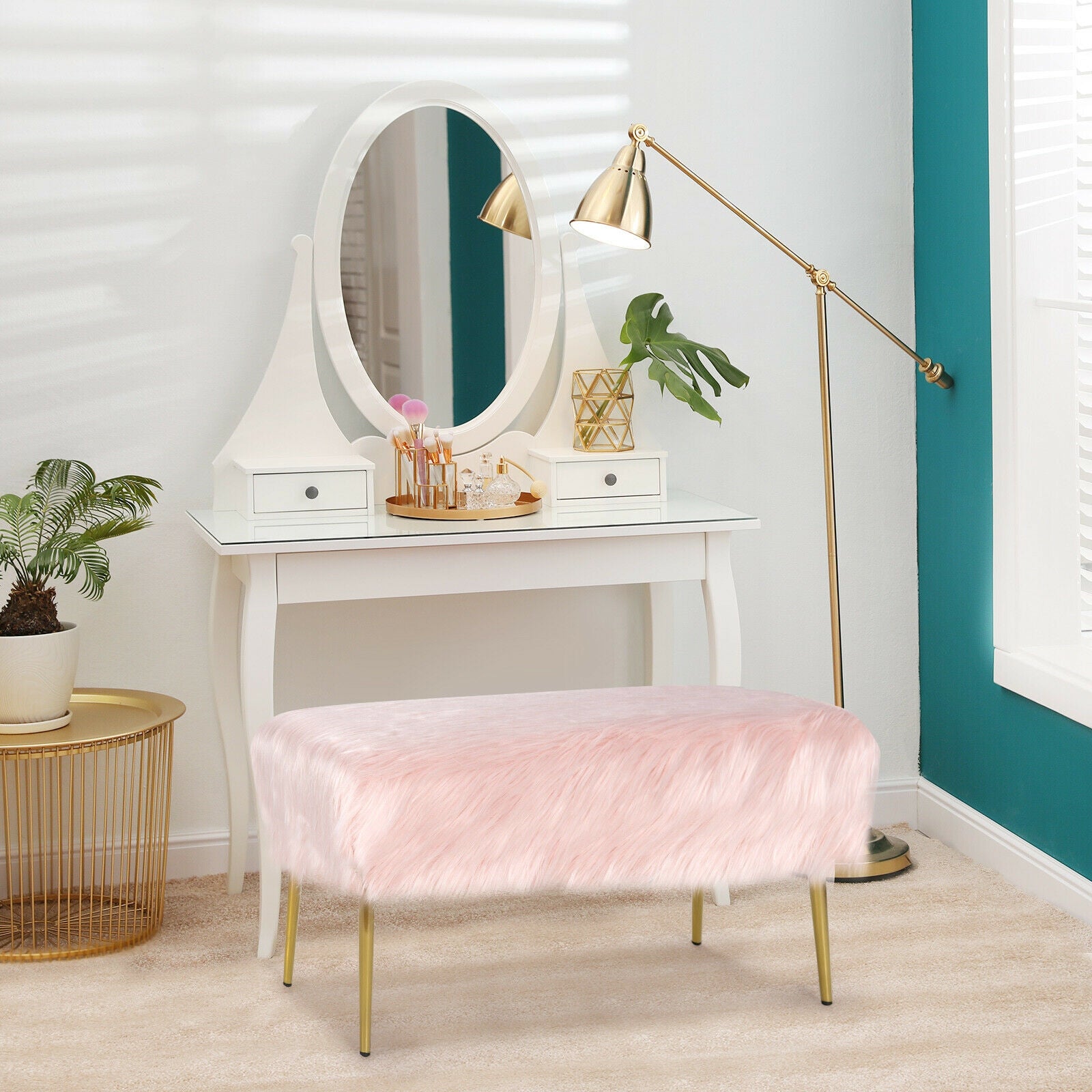 Upholstered Faux Fur Vanity Stool with Golden Legs for Makeup Room-Pink