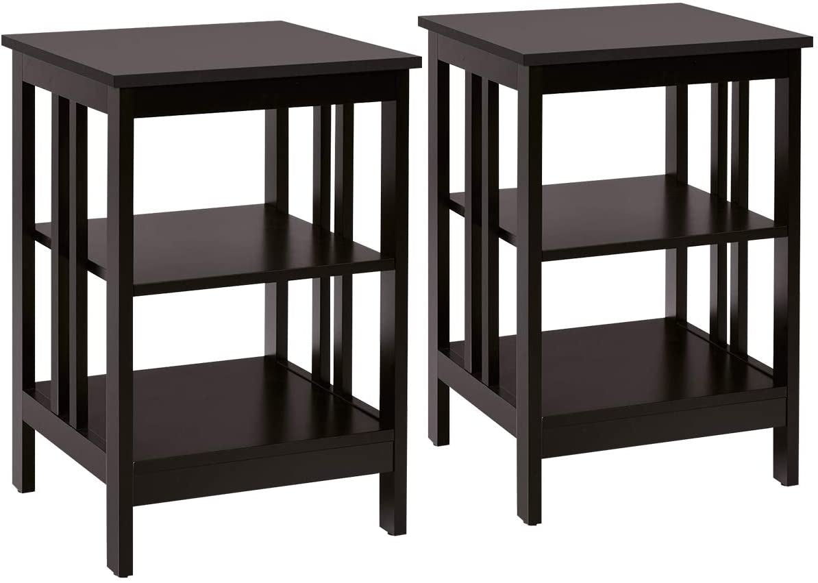2 Pieces 3-Tier Nightstand with Reinforced Bars and Stable Structure-Dark Brown