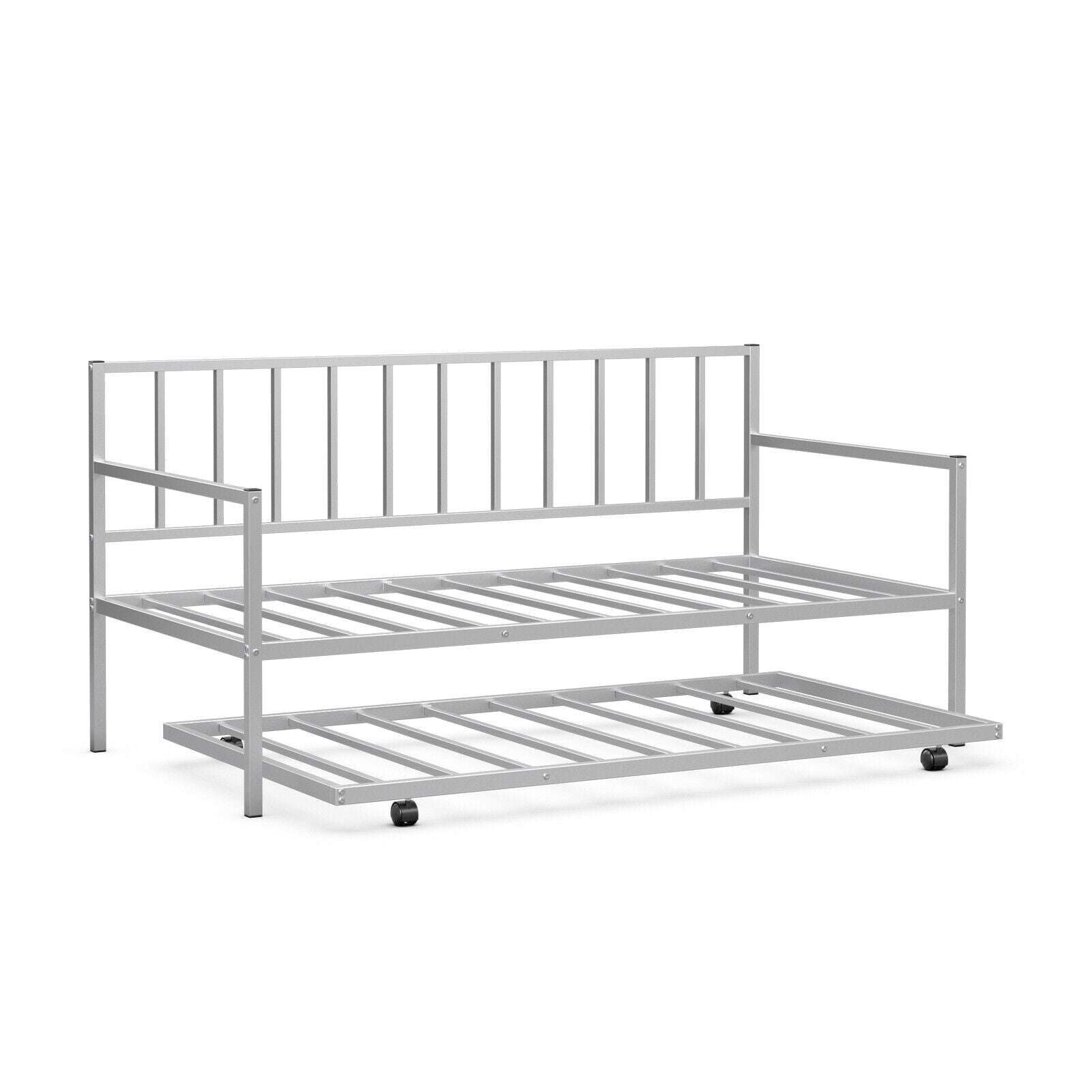 Twin Metal Daybed Sofa Bed Set with Roll Out Trundle-Silver - Silver