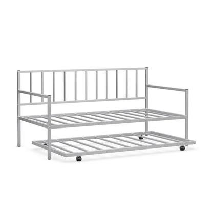 Twin Metal Daybed Sofa Bed Set with Roll Out Trundle-Silver - Silver