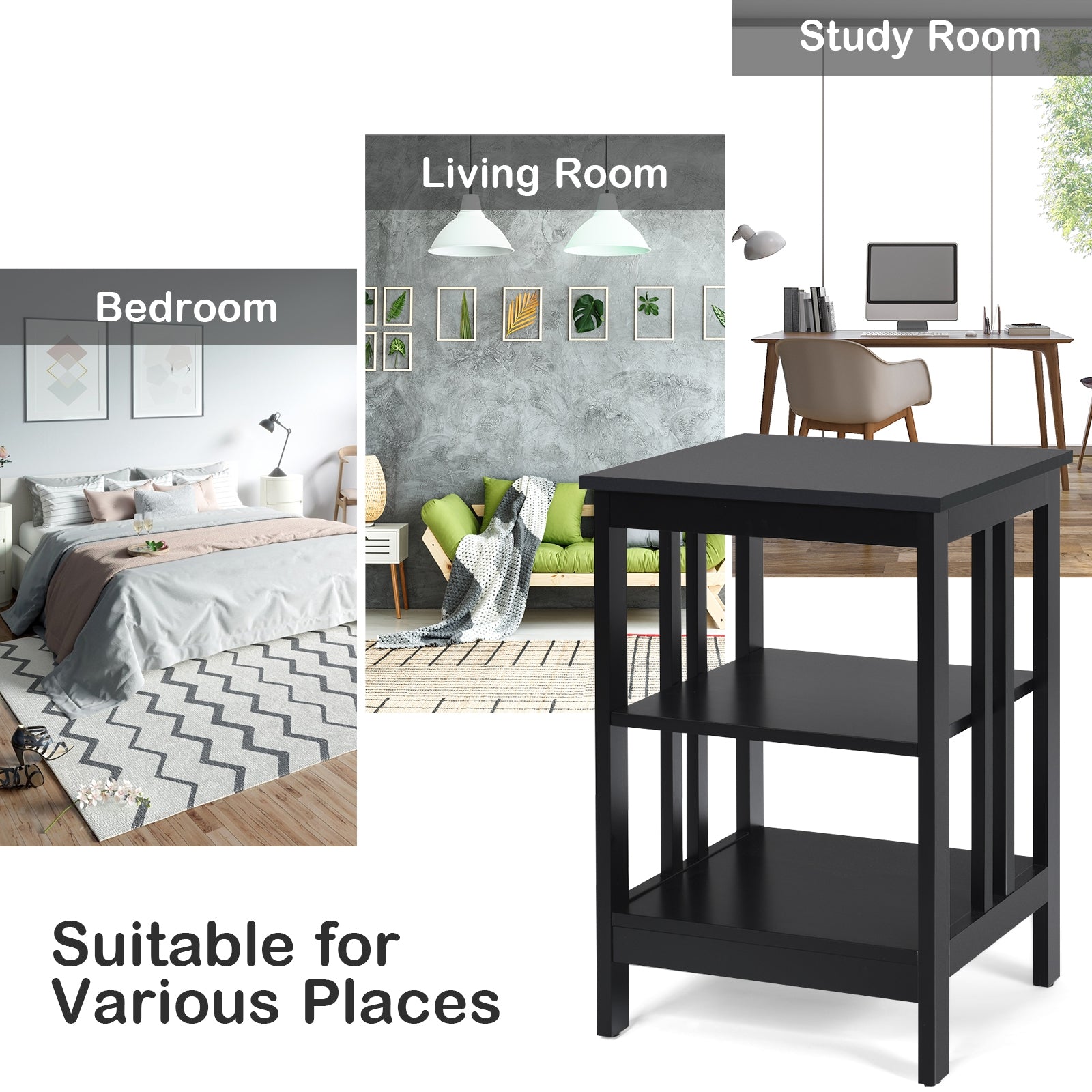 3-Tier Nightstand Sofa Side Table with Baffles and Round Corners-Black