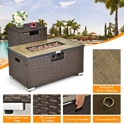 32 x 20 Inch Propane Rattan Fire Pit Table Set with Side Table Tank and Cover-Brown