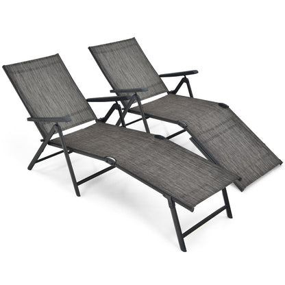 2 Pieces Foldable Chaise Lounge Chair with 2-Position Footrest-Gray - Gray