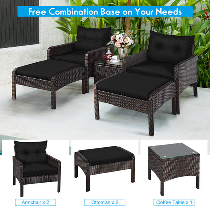 5 Pieces Patio Rattan Sofa Ottoman Furniture Set with Cushions-Navy - Black