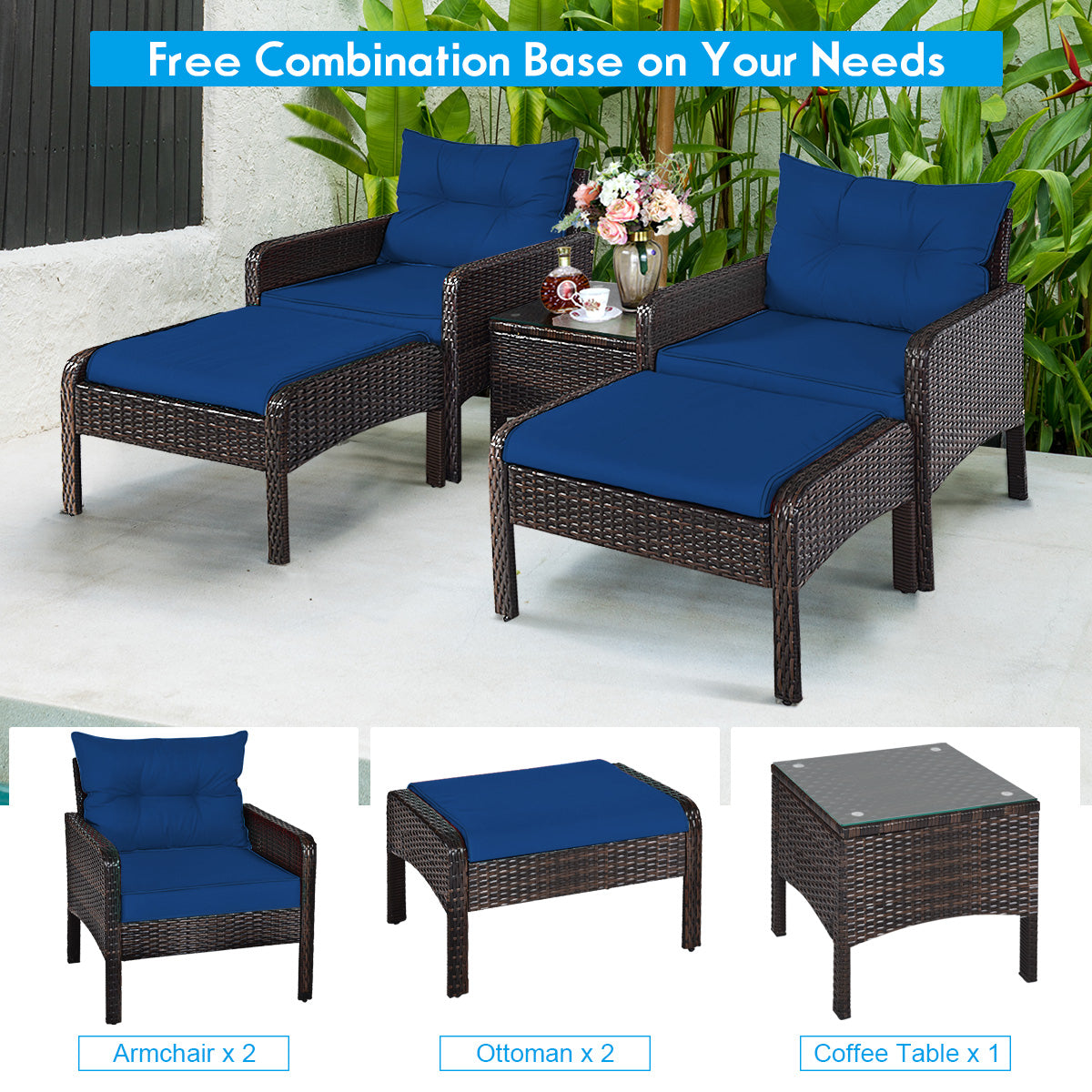 5 Pieces Patio Rattan Sofa Ottoman Furniture Set with Cushions-Navy - Navy