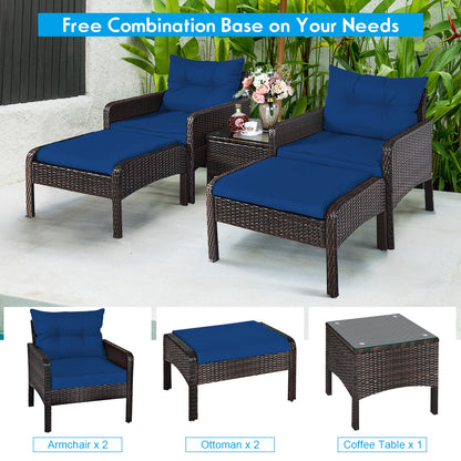 5 Pieces Patio Rattan Sofa Ottoman Furniture Set with Cushions-Navy - Navy