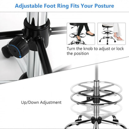 Swivel Drafting Chair with Retractable Mid Back and Adjustable Foot Ring-Black