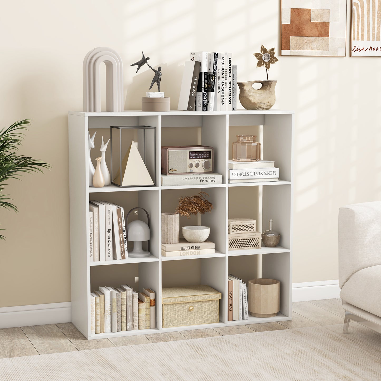 9 Cube Bookshelf with Back Guardrail for Living Room Bedroom-White