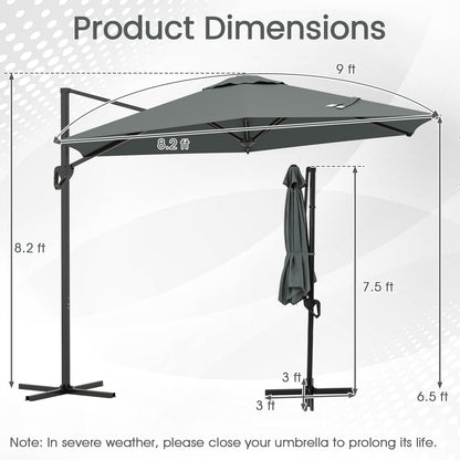 9 FT Cantilever Patio Umbrella with Vented Top and Sun-Protective Canopy-Gray