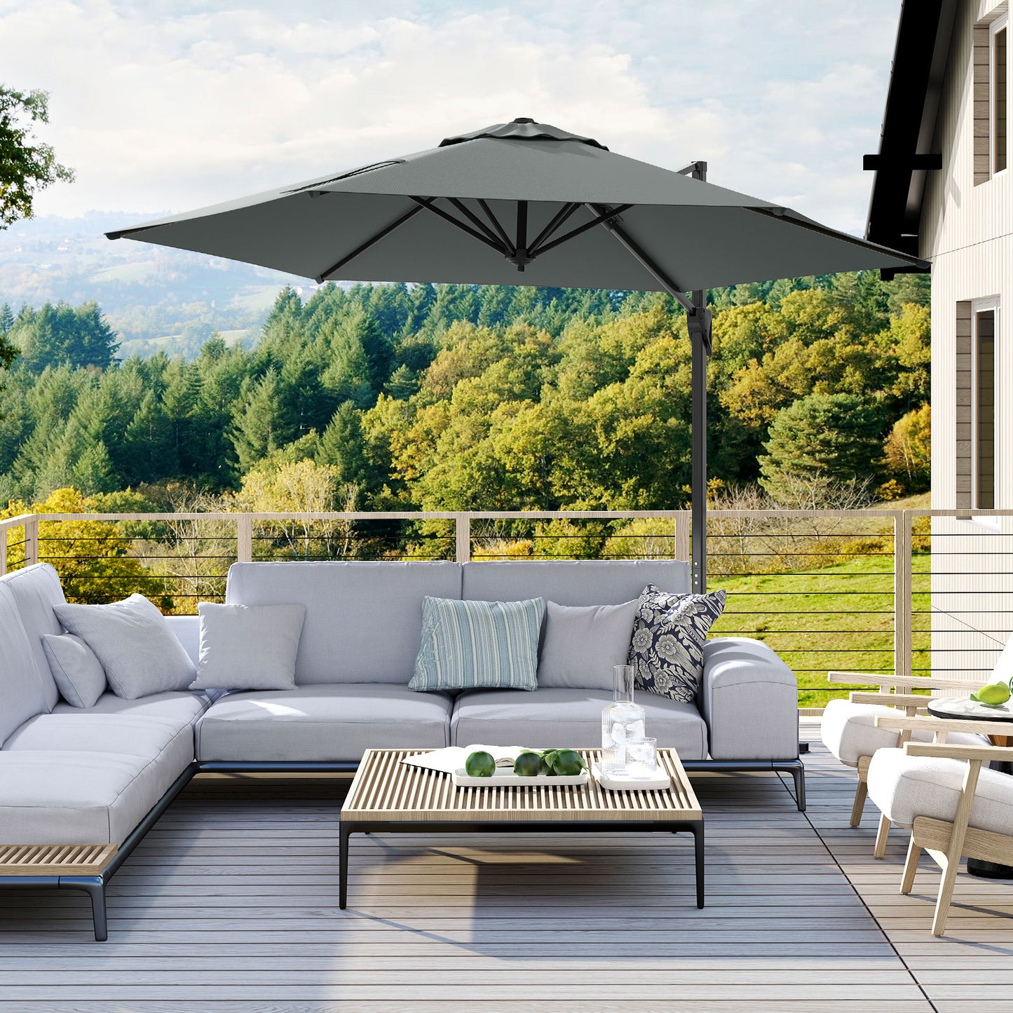 9 FT Cantilever Patio Umbrella with Vented Top and Sun-Protective Canopy-Gray