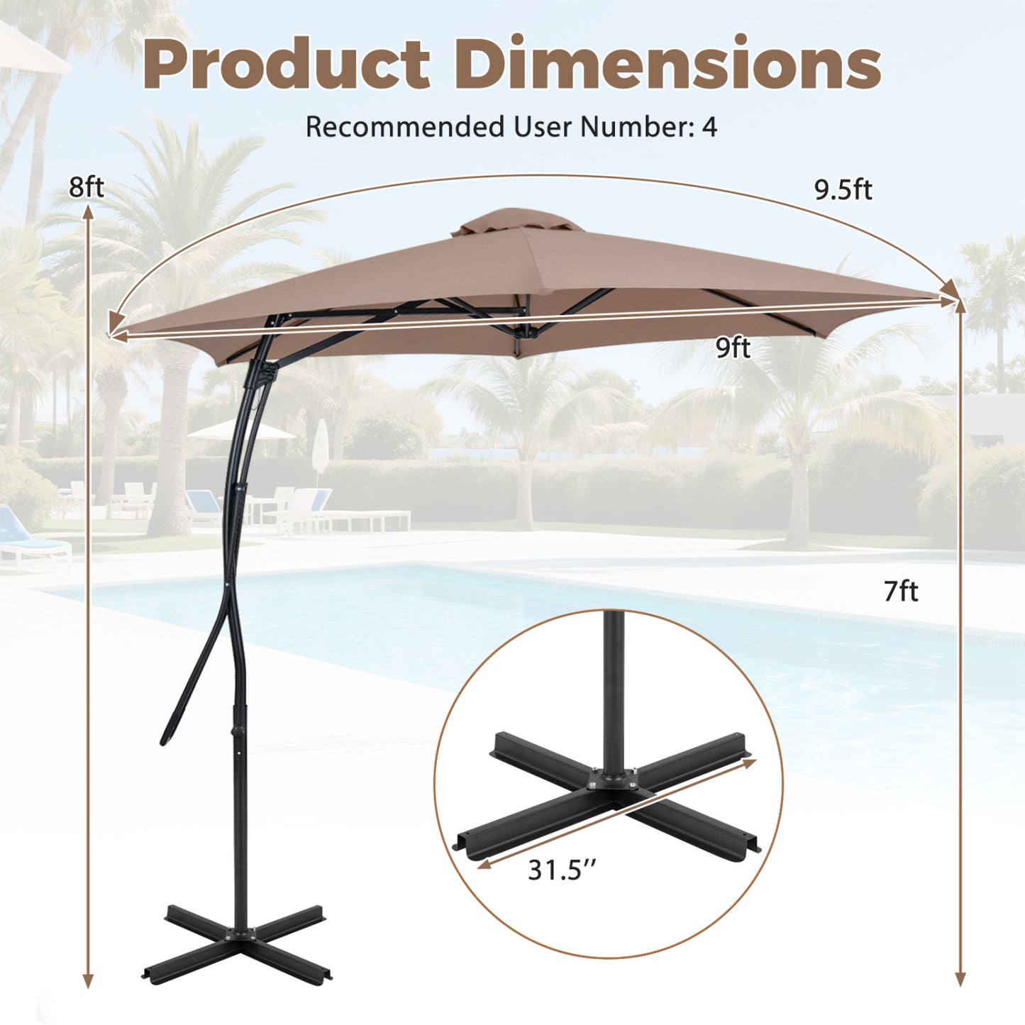 9 FT Cantilever Umbrella with Cross Base and Crank Handle