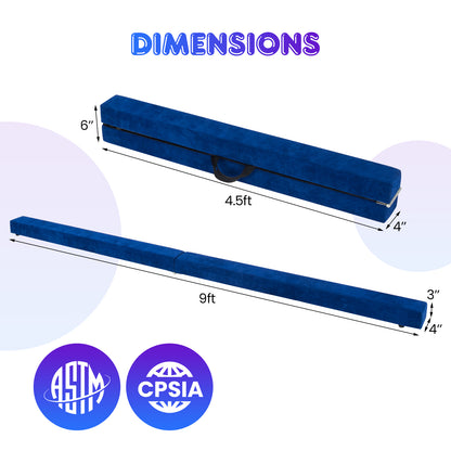 9 FT Folding Gymnastics Balance Beam with Anti-slip Base and Pine Wood Frame