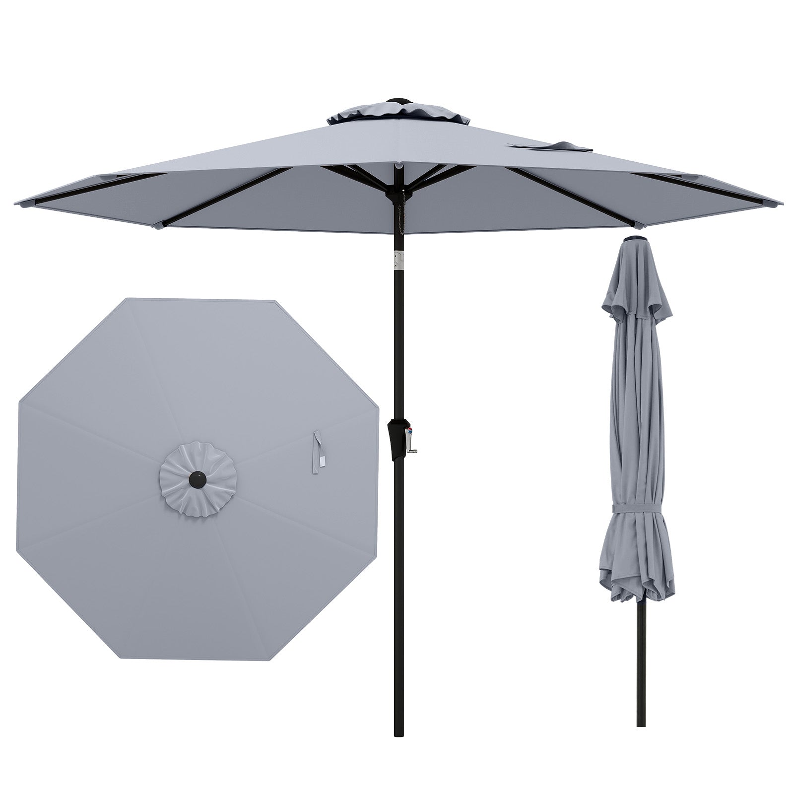 9 ft Outdoor Market Patio Table Umbrella Push Button Tilt Crank Lift-Beige - Gray