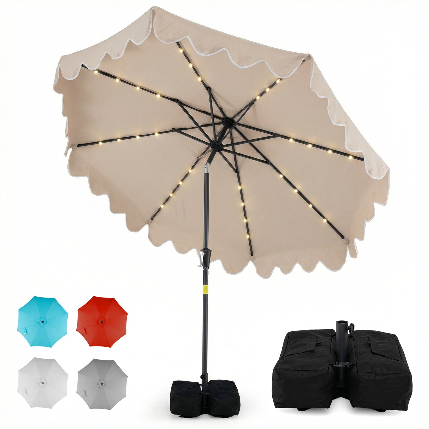 9 FT Outdoor Patio Umbrella with Solar LED Lights and Weighted Base-Brown