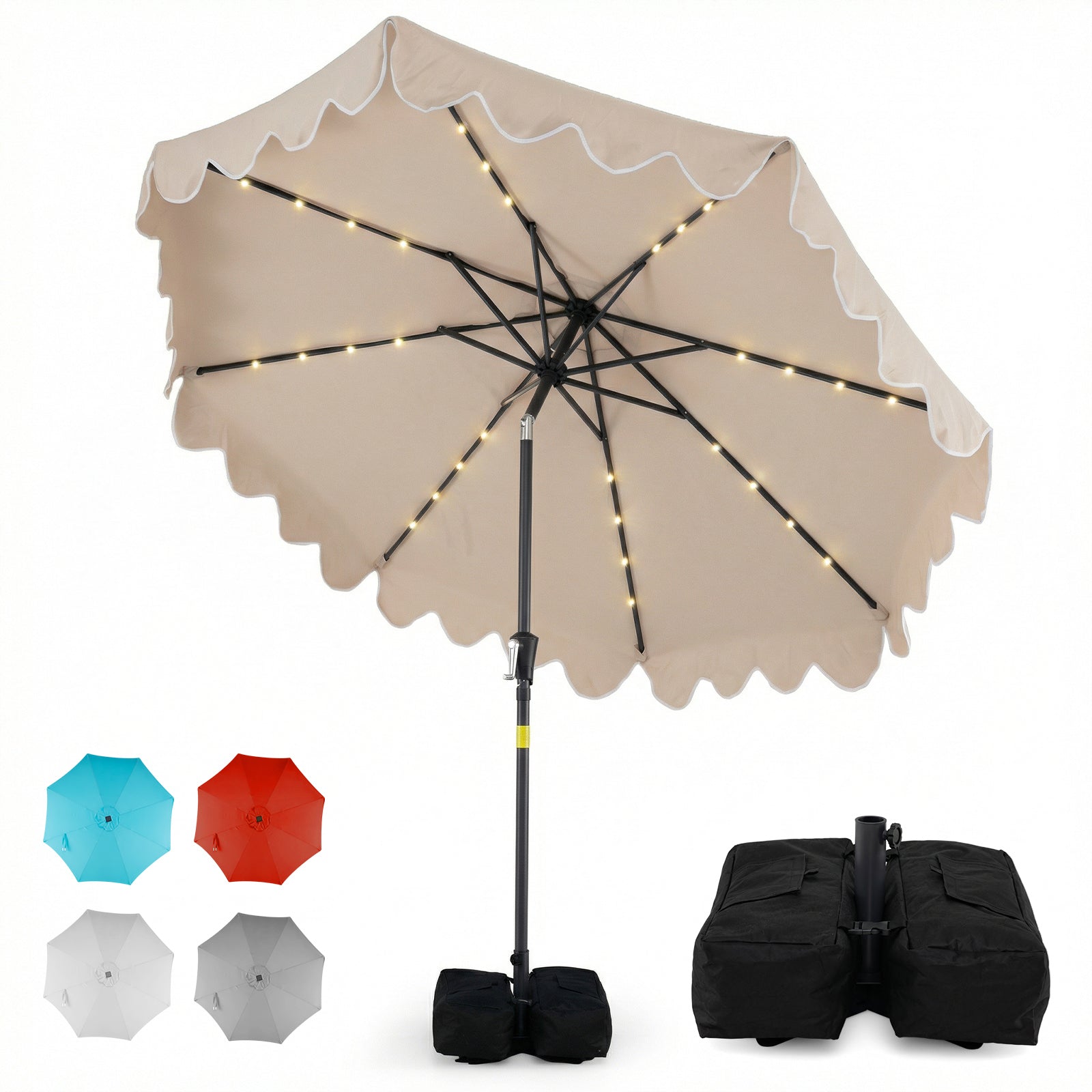 9 FT Outdoor Patio Umbrella with Solar LED Lights and Weighted Base-Brown