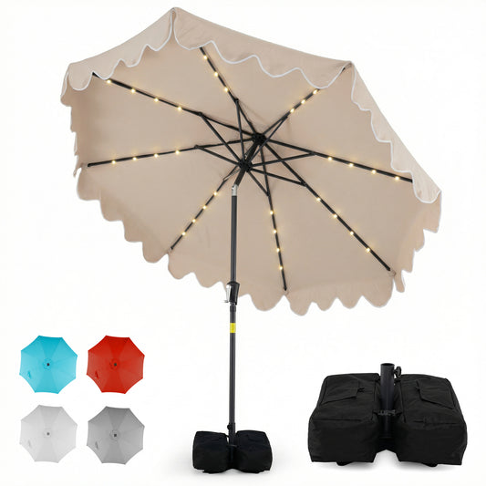 9 FT Outdoor Patio Umbrella with Solar LED Lights and Weighted Base-Brown