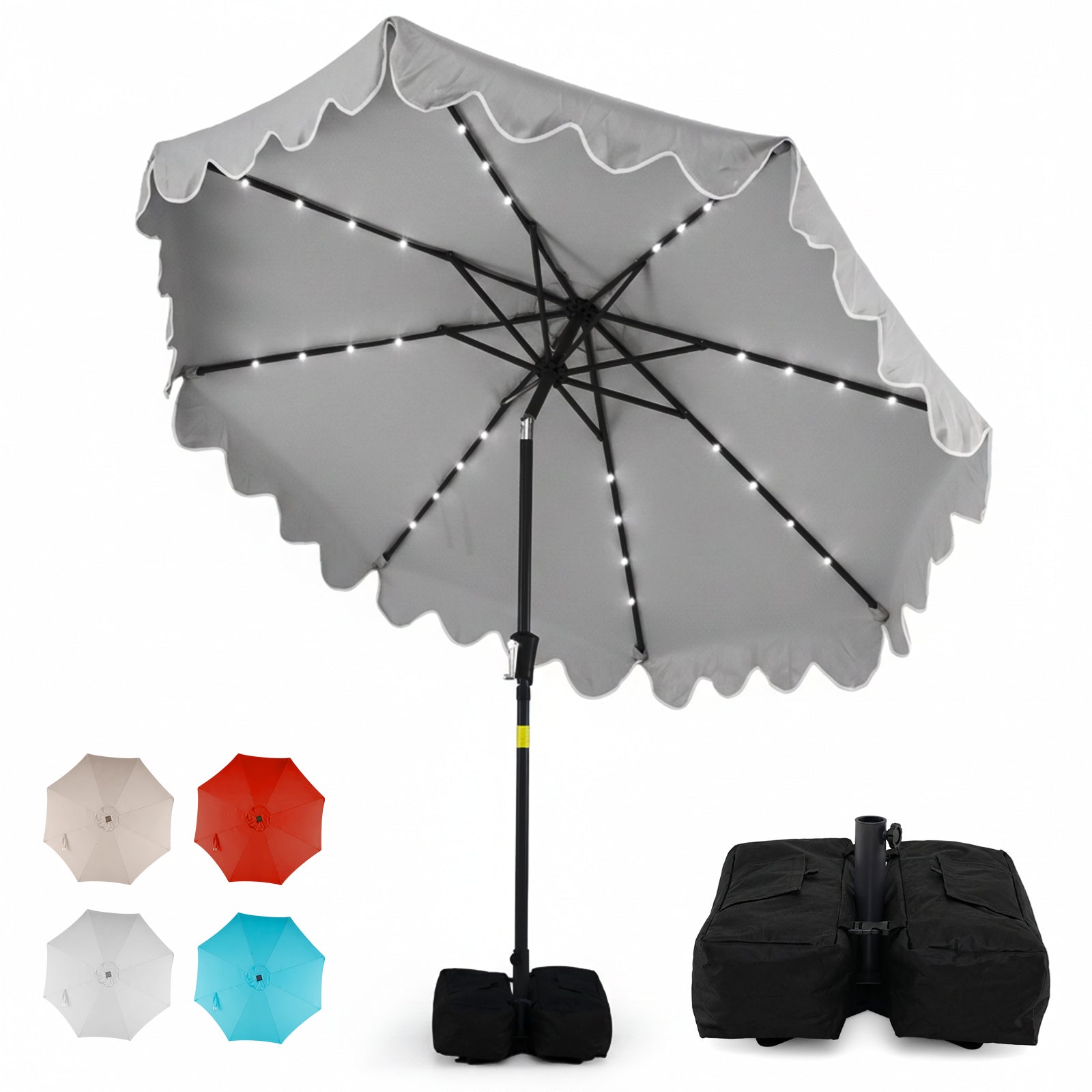 9 FT Outdoor Patio Umbrella with Solar LED Lights and Weighted Base-Gray