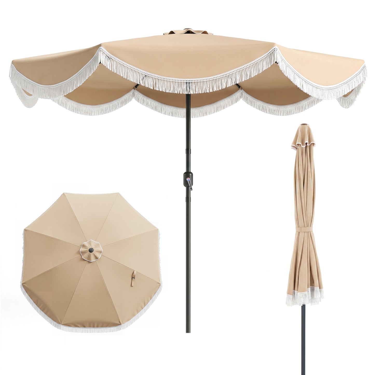 9 FT Outdoor Tassel Umbrella with Push Button Tilt