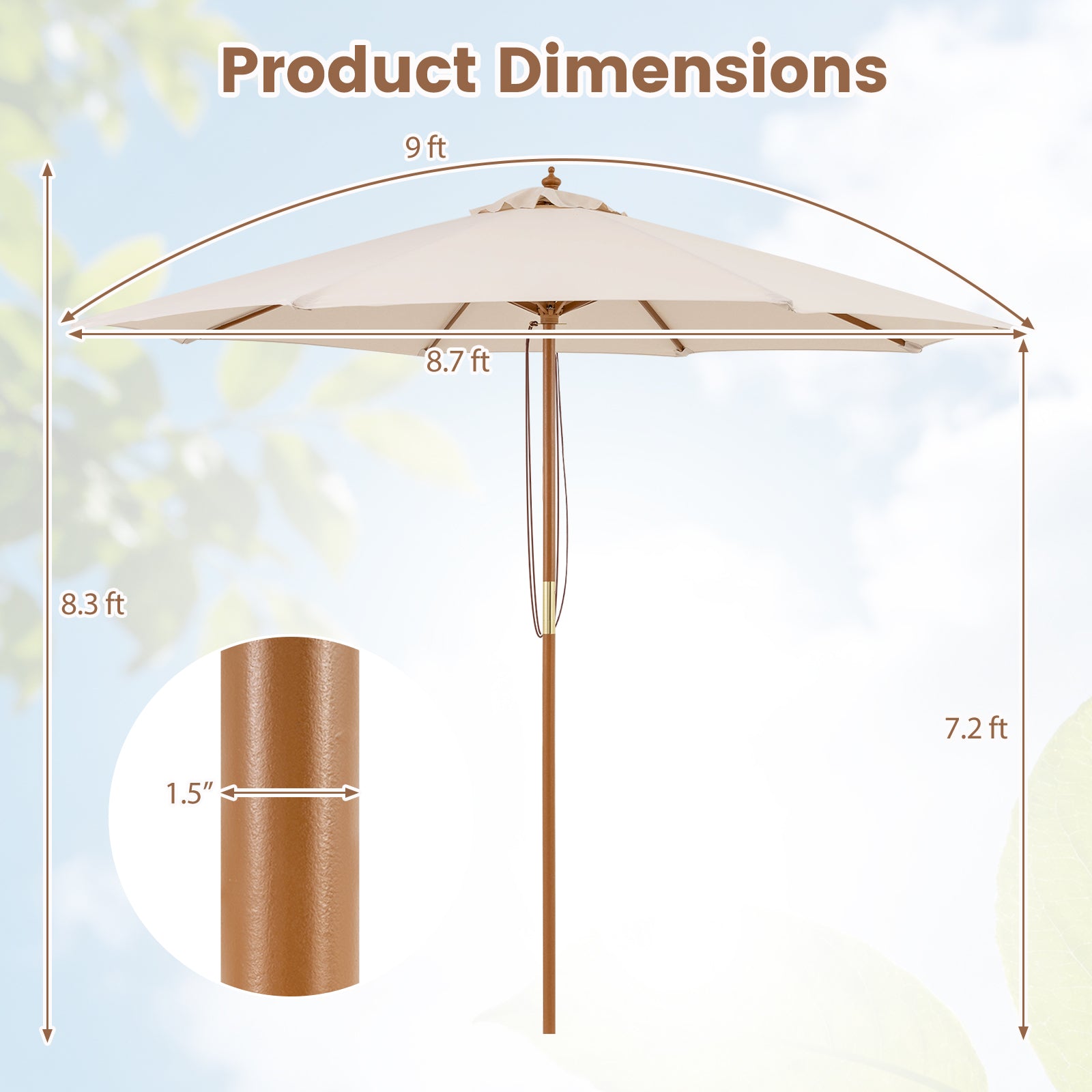 9 FT Patio Umbrella Outdoor Table Market Umbrella with 8 Sturdy Bamboo Ribs-Beige