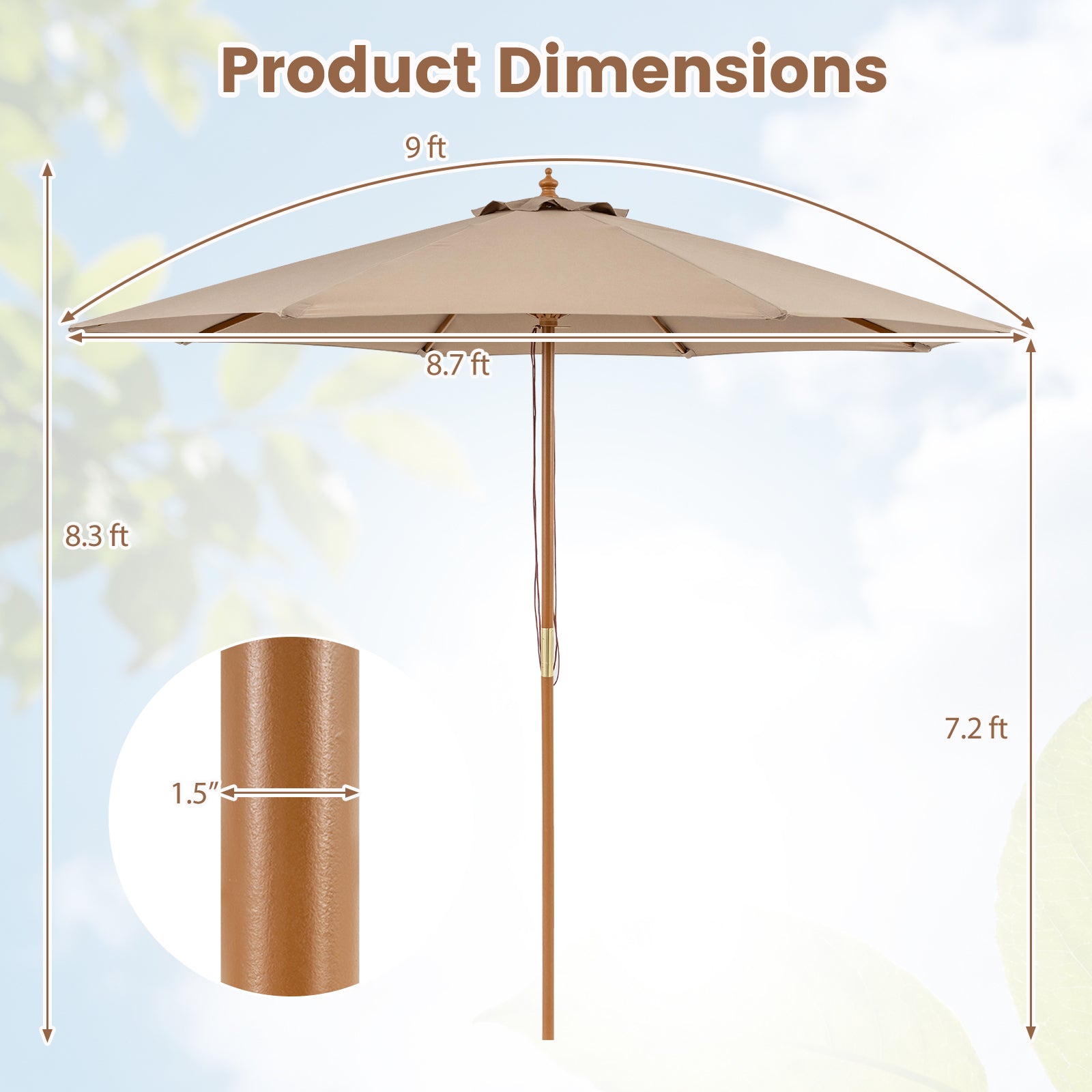 9 FT Patio Umbrella Outdoor Table Market Umbrella with 8 Sturdy Bamboo Ribs-Brown