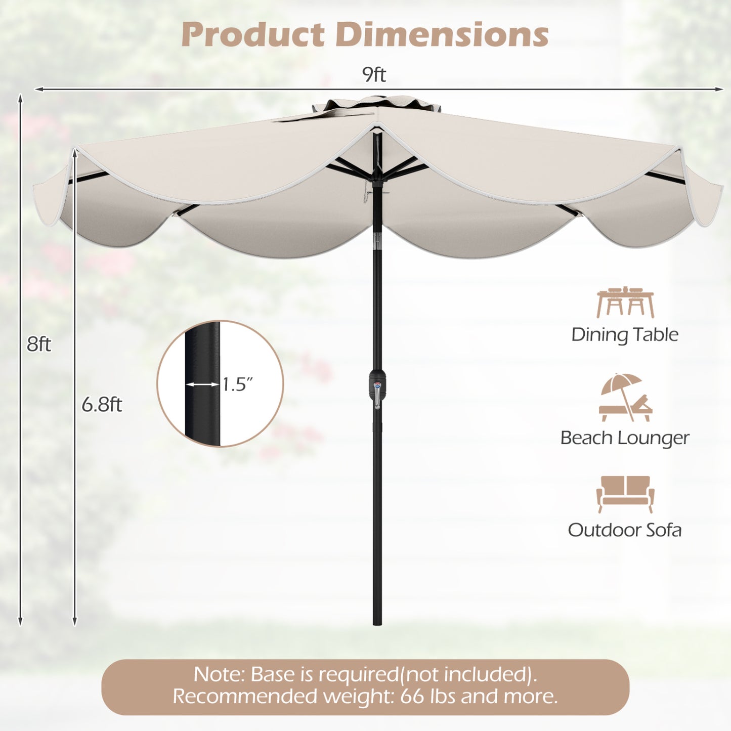 9 FT Scalloped Solar Patio Umbrella Market Table Umbrella with 24 LED Lights