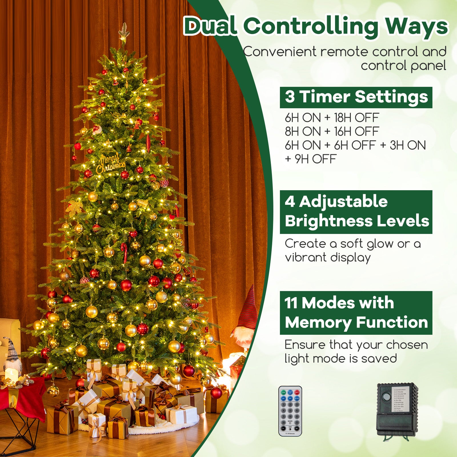 9 Feet Pre-Lit Artificial Christmas Tree with Warm White LED Lights