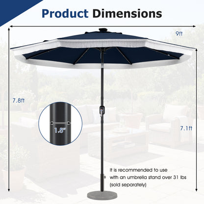 9 Feet Solar Patio Umbrella with 24 LED Lights for Yard