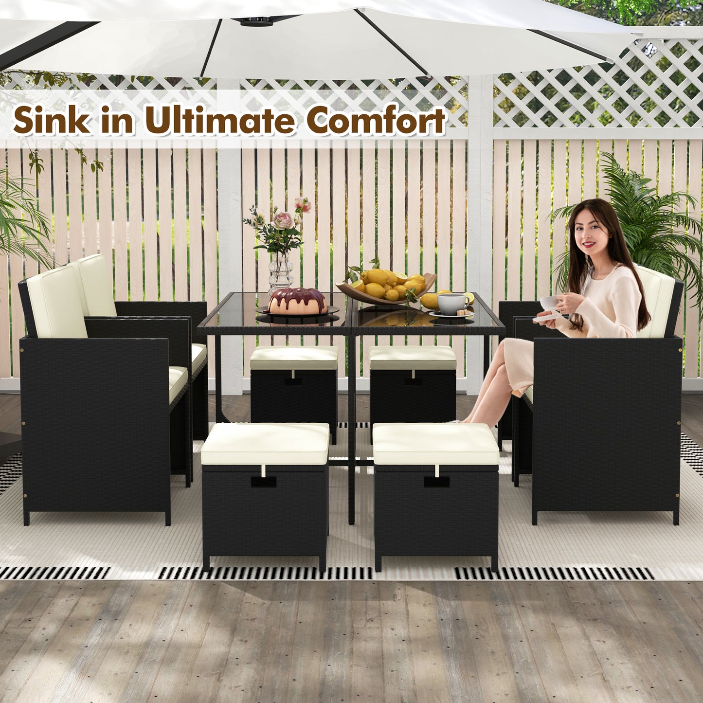 9 PCS Outdoor Dining Furniture Set with Tempered Glass Table and Ottomans-White