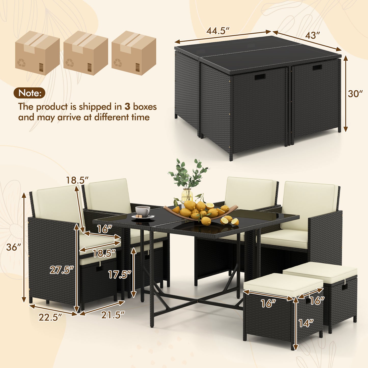9 PCS Outdoor Dining Furniture Set with Tempered Glass Table and Ottomans-White