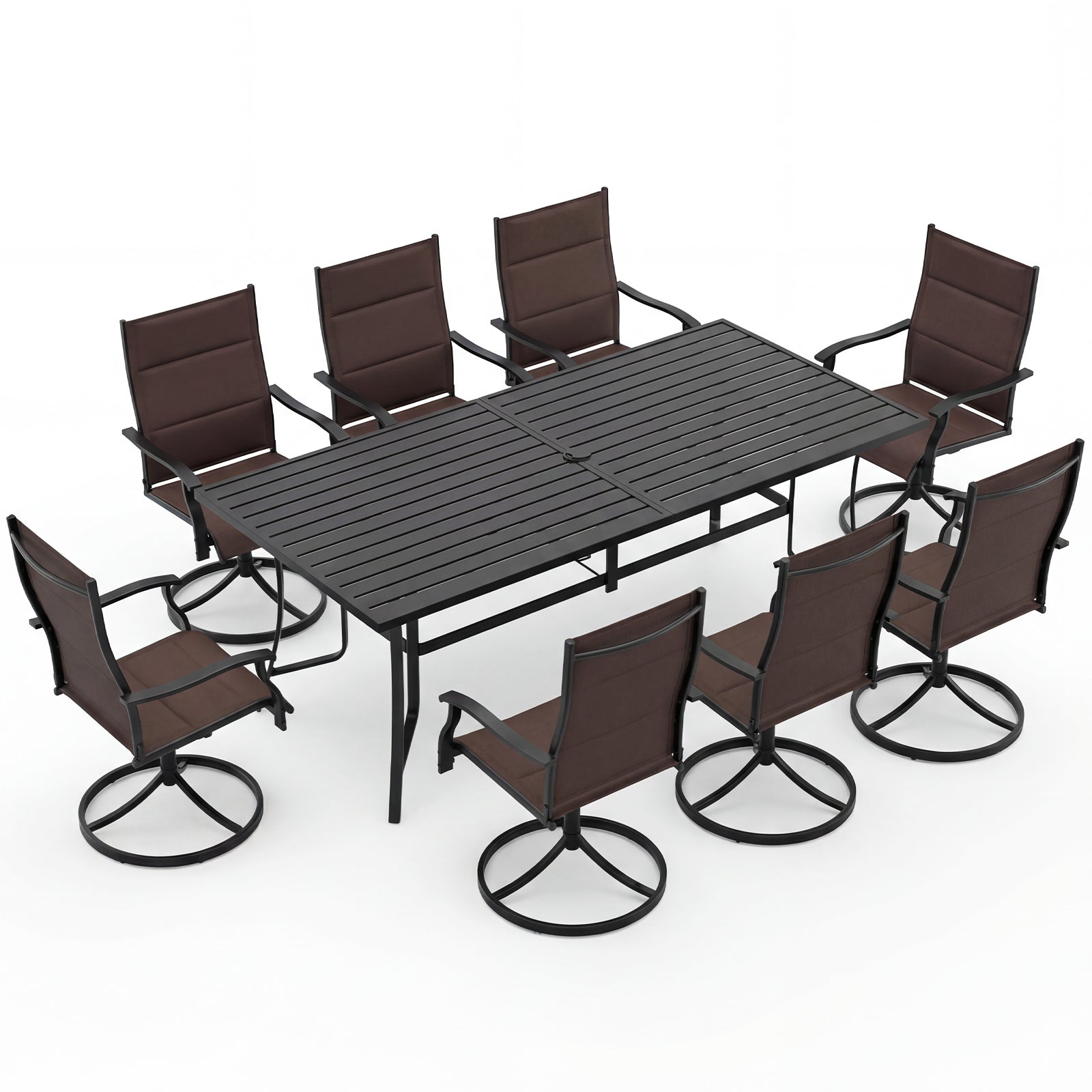 9-Piece Outdoor Dining Set for 8 with Umbrella Hole and 8 Chairs-Brown