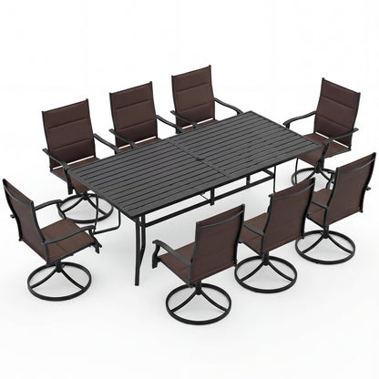 9-Piece Outdoor Dining Set for 8 with Umbrella Hole and 8 Chairs-Brown
