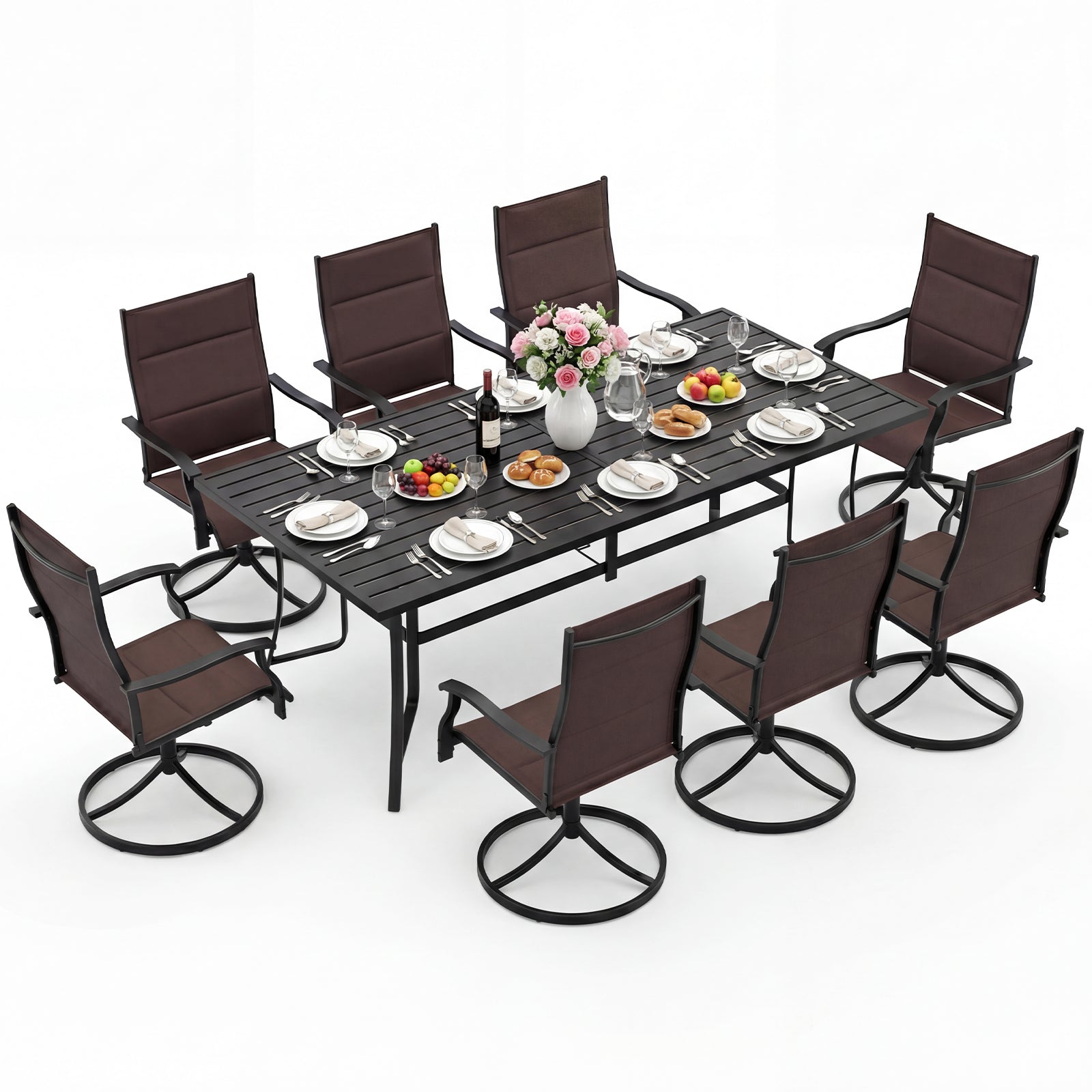 9-Piece Outdoor Dining Set for 8 with Umbrella Hole and 8 Chairs-Brown