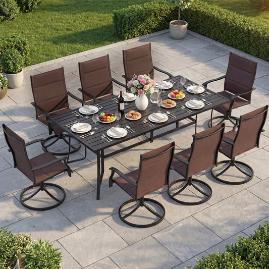 9-Piece Outdoor Dining Set for 8 with Umbrella Hole and 8 Chairs-Brown