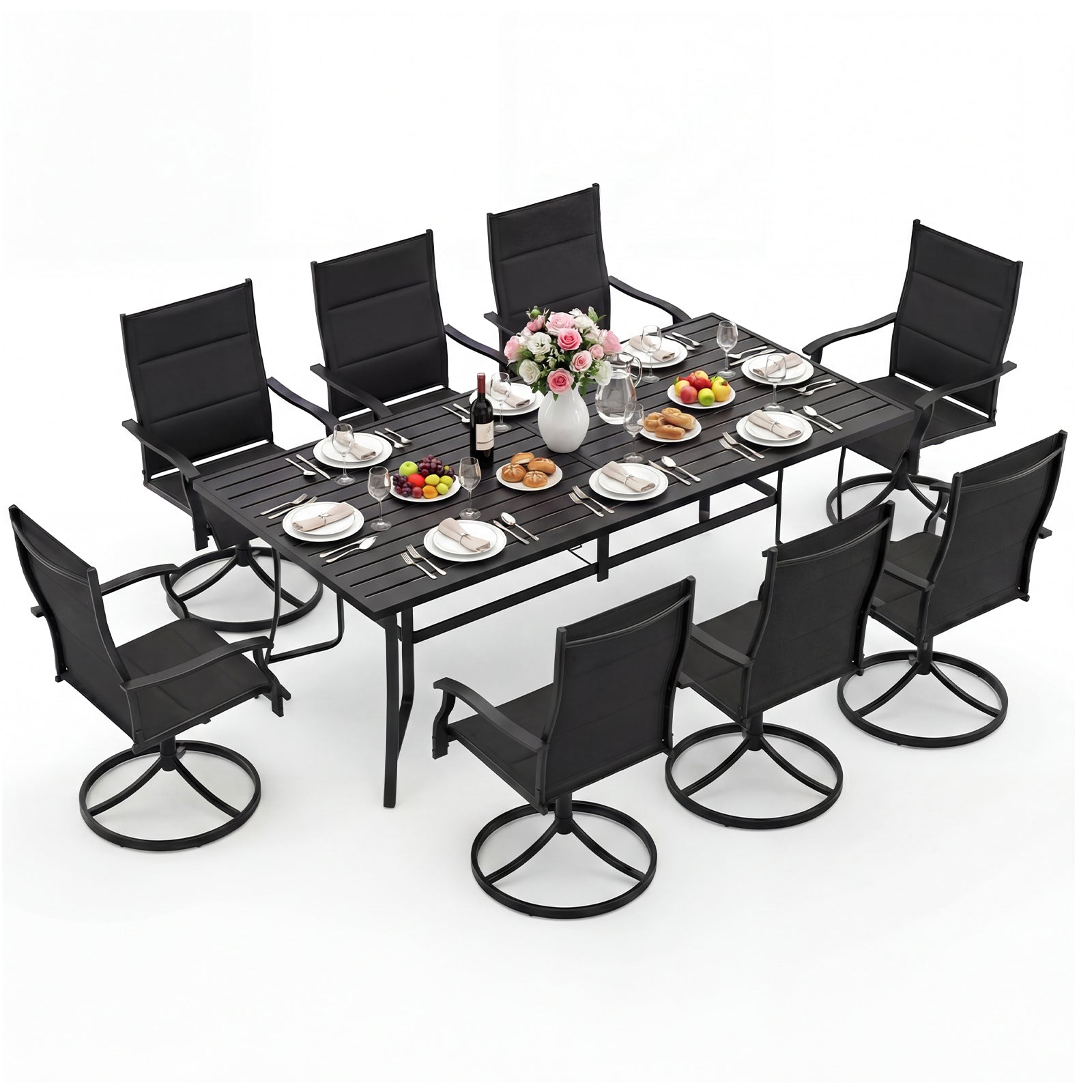 9-Piece Outdoor Dining Set for 8 with Umbrella Hole and 8 Chairs-Black