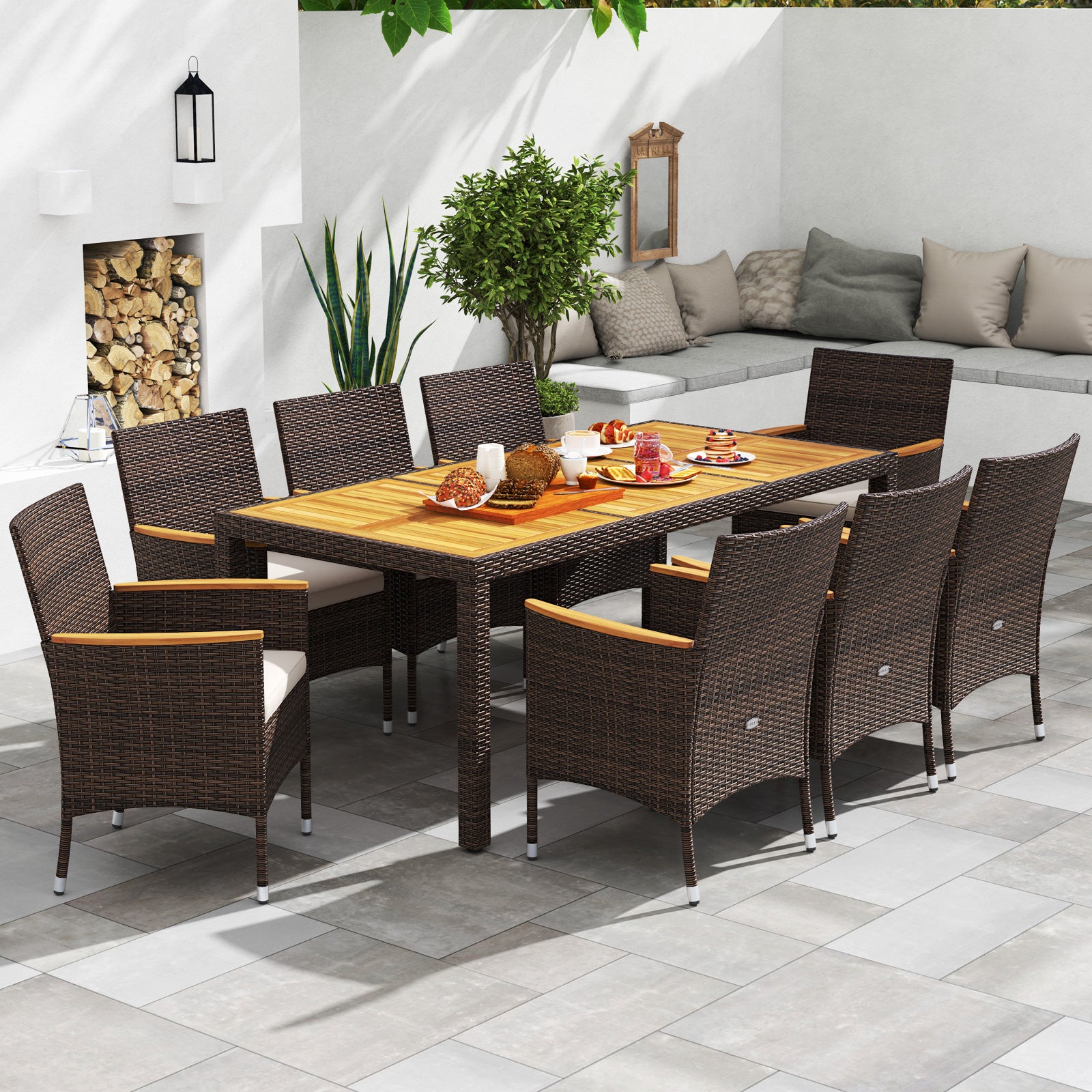9 Piece Outdoor Dining Set with Acacia Wood Table Top-Beige